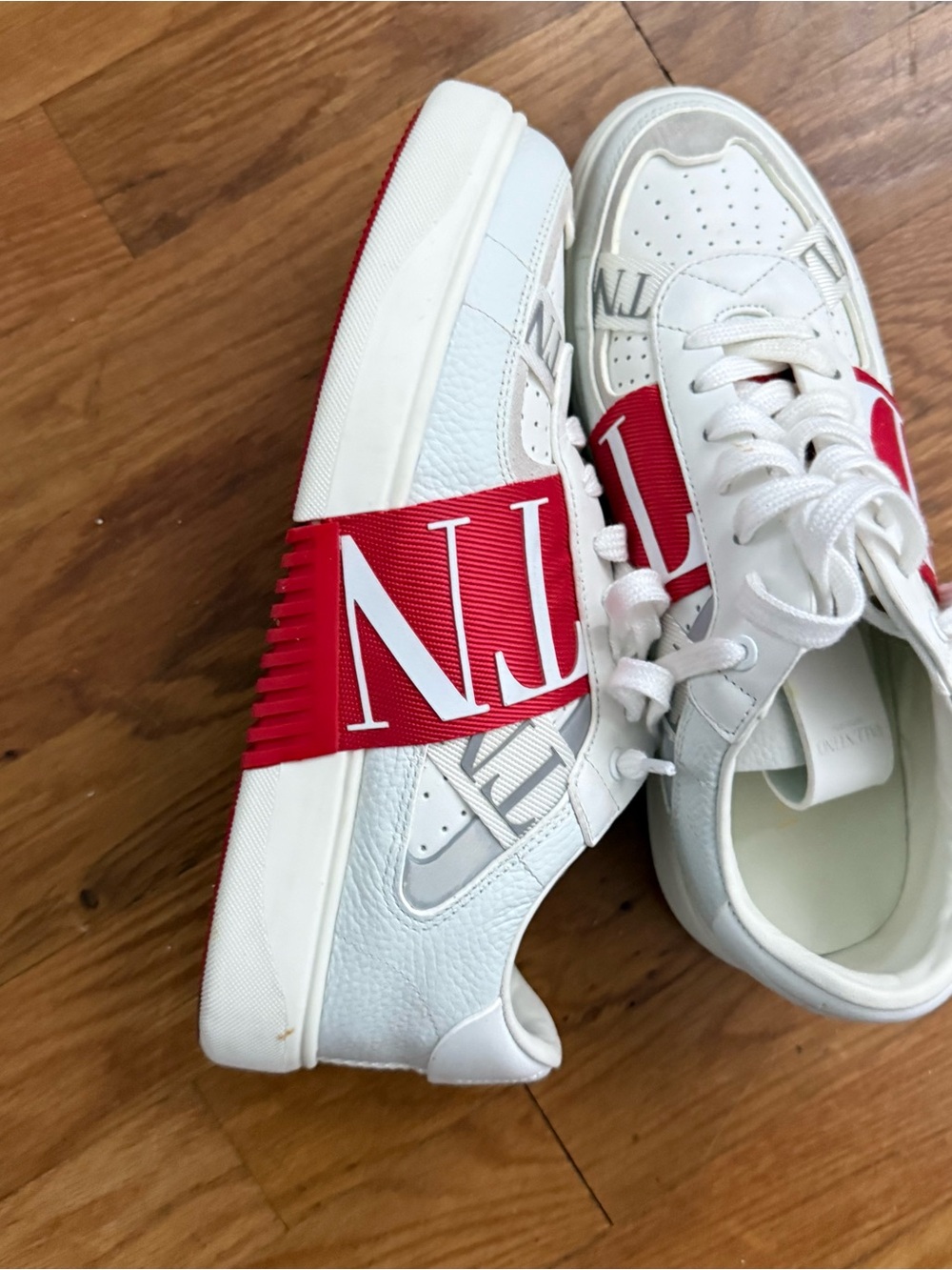 Valentino White Leather Sneakers with Red Logo Strap